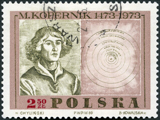 POLAND - 1969: shows Nicolaus Copernicus (1473-1543), painting by Jan Matejko and map of heliocentric system, 1969