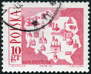 POLAND - 1966: shows Map Showing Tourist Attractions, Tourism, 1966