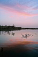 Silhouette reflection of trees on the lake surface at sunset