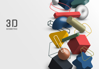 Set of abstract 3D geometric elements with shadow and outlines graphic background