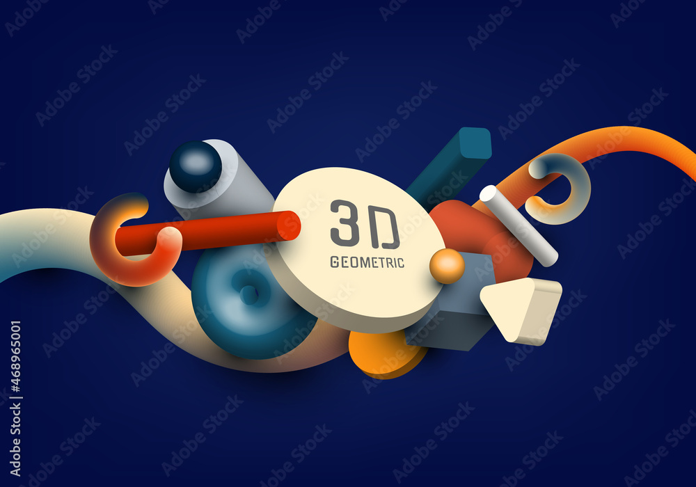 Poster set of 3d realistic geometric group object elements decoration on blue background
