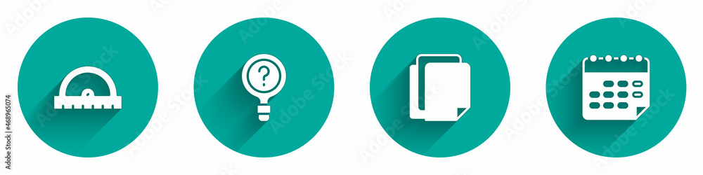 Poster set protractor grid, unknown search, file document and school timetable icon with long shadow. vecto