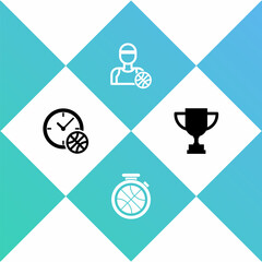 Set Clock with basketball ball, Stopwatch, Basketball player and Award cup icon. Vector