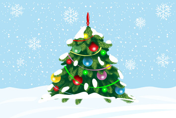 Decorated Christmas tree outdoor. Vector illustration