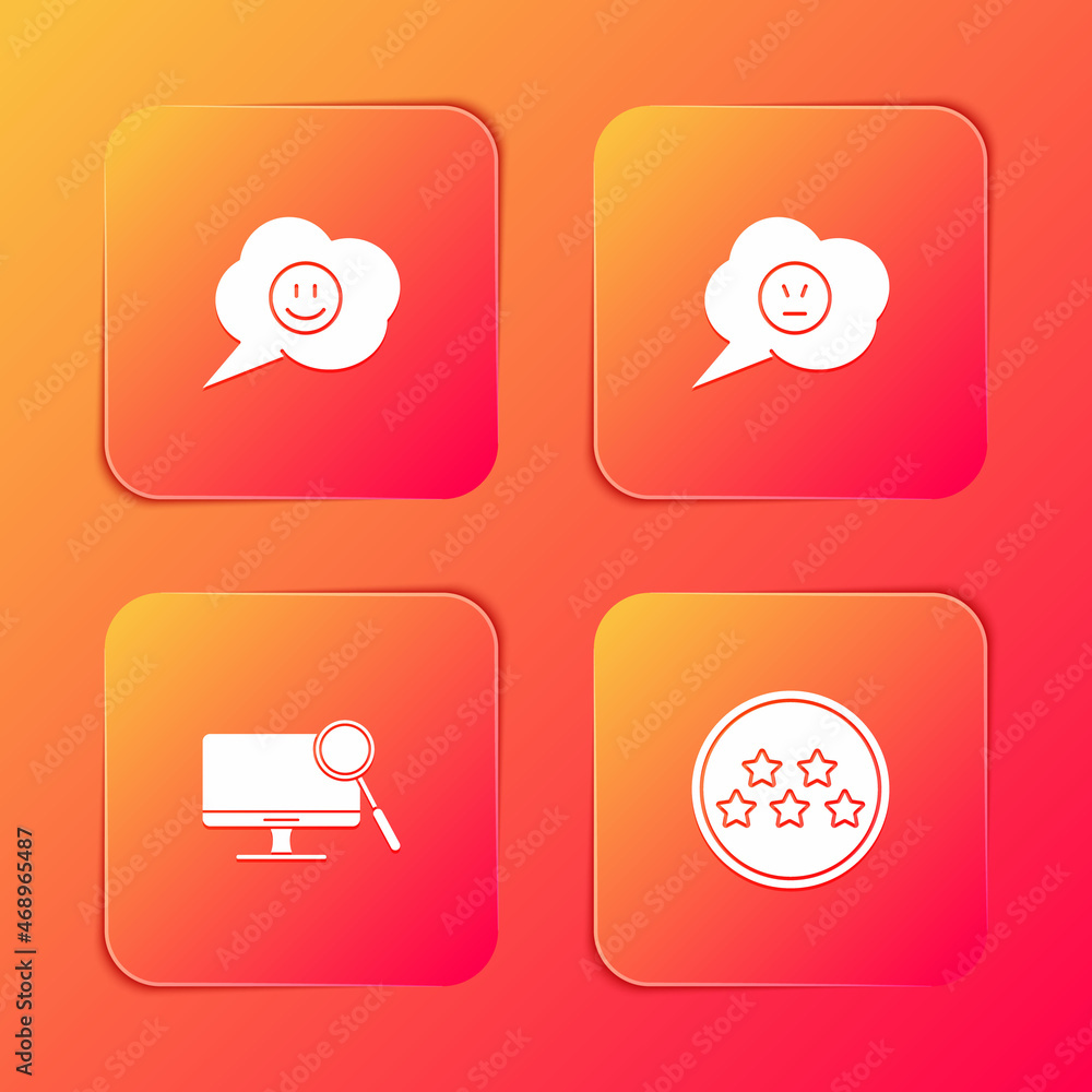 Poster set speech bubble with smile face, angry, computer monitor diagnostics and five stars rating review 