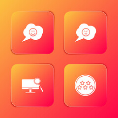 Set Speech bubble with smile face, angry, Computer monitor diagnostics and Five stars rating review icon. Vector