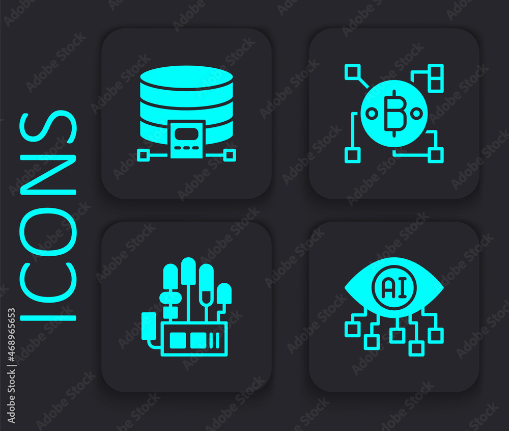 Poster set computer vision, cloud database, blockchain technology bitcoin and mechanical robot hand icon. b