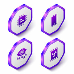 Set Isometric Processor CPU, Mobile phone, Computer vision and Radioactive waste in barrel icon. Purple hexagon button. Vector