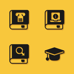 Set History book, Graduation cap, Book about women and User manual icon with long shadow. Vector