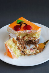 A piece of sponge cake. Sweet and delicious multi-layered dessert.