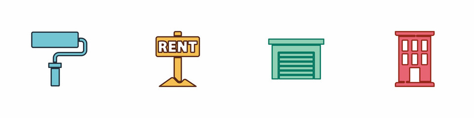 Set Paint roller brush, Hanging sign with Rent, Garage and House icon. Vector