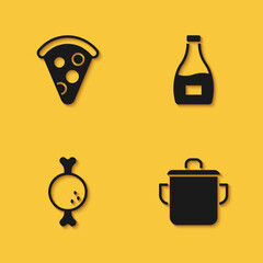 Set Slice of pizza, Cooking pot, Chicken leg and Sauce bottle icon with long shadow. Vector