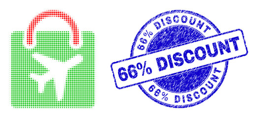 Airport shopping bag halftone dotted icon with 66% Discount seal stamp. Blue vector round distress stamp with 66% Discount text inside circle form.