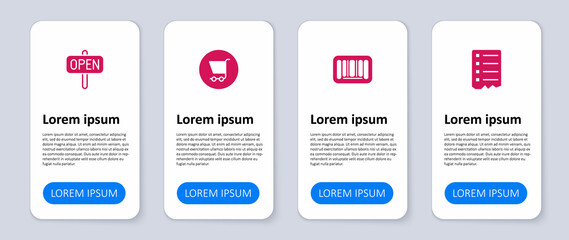 Set Shopping list, Barcode, cart and Hanging sign with text Open. Business infographic template. Vector