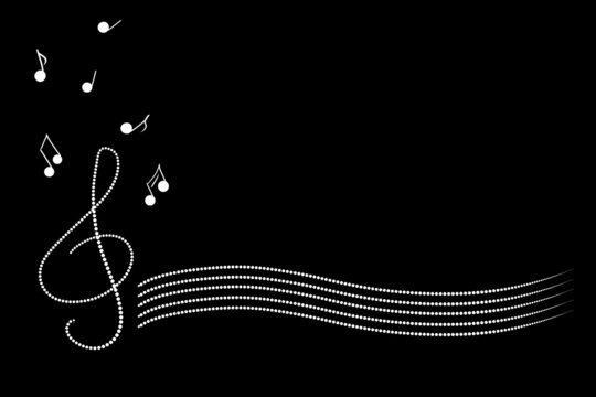 white treble clef, falling notes and stave on black background copy space