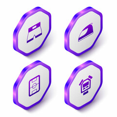 Set Isometric Boxing short, Racing helmet, Football field and Stopwatch icon. Purple hexagon button. Vector