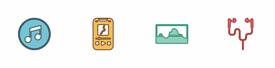 Set Music note, tone, player, wave equalizer and Air headphones icon. Vector