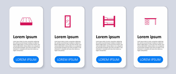 Set Office desk, Bunk bed, Big full length mirror and Mattress. Business infographic template. Vector