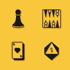 Set Chess pawn, Game dice, Playing cards and Backgammon board icon with long shadow. Vector