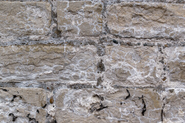 Vintage concrete block wall. White bloom, cracks, exfoliation.