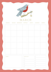 Vertical vector page undated empty March planner template page with notes and to do checkbox list and cute illustration with singing bird sitting on the branch with pendant star - 468968257