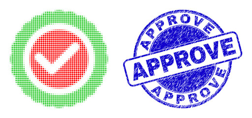 Approve seal halftone dotted icon with Approve watermark. Blue vector round scratched seal with Approve message inside circle shape. Halftone approve seal icon array contains round elements.