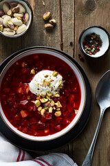 beetroot soup with sour cream and pistachios