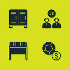 Set Locker or changing room, Soccer football ball, Football goal and soccer player icon. Vector