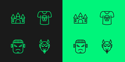 Set line Devil head, Frankenstein face, Castle and Shirt with skull icon. Vector