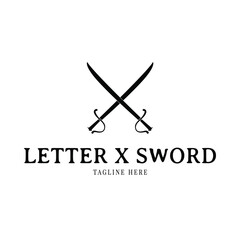 Sword logo design inspiration. Letter X sword weapon logo. Modern and simple sword weapon logo template element. Weapon illustration for brand identity design. Sword symbol vector icon.