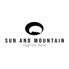 Mountain logo inspiration template. Mountain and sun logo design concept. sunrise and sunset logo label. Modern landscape branding label. Black and white adventure logotype. Outdoors brand identity. 