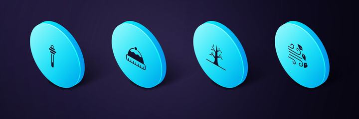 Set Isometric Windy weather, Bare tree, Winter hat and Honey dipper stick icon. Vector