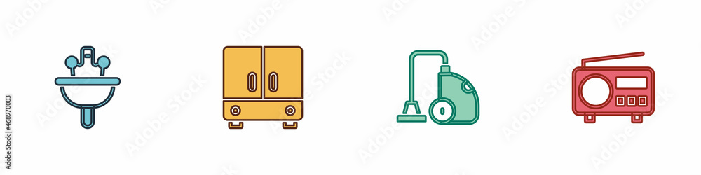 Sticker Set Washbasin, Wardrobe, Vacuum cleaner and Radio icon. Vector