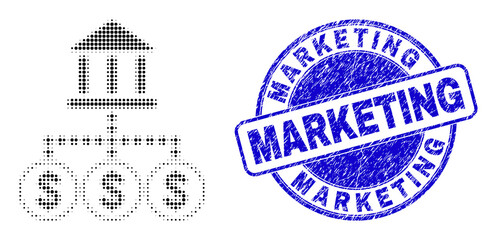 Bank hierarchy halftone dotted icon with Marketing watermark. Blue vector round scratched watermark with Marketing message inside round shape.