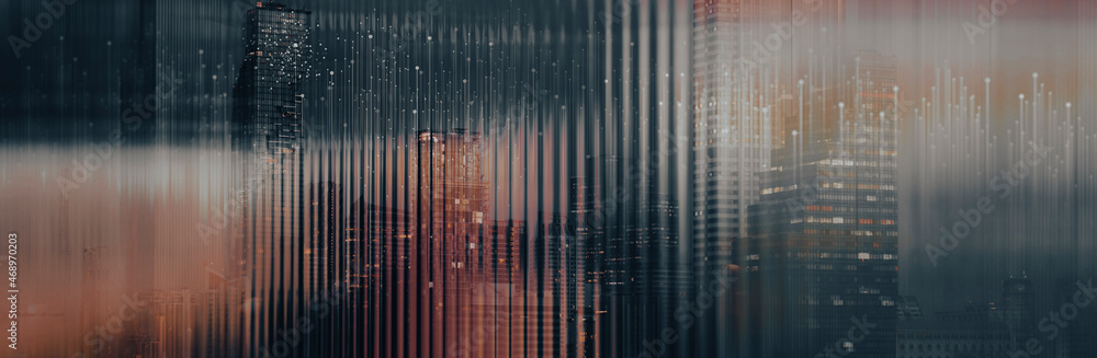 Poster Wireless network and Connection technology concept with Metaverse Abstract innovation city background in panorama view.