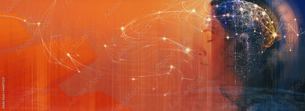 Aufkleber double exposure of woman thinking with the metaverse universe,innovation virtual brain and connectio