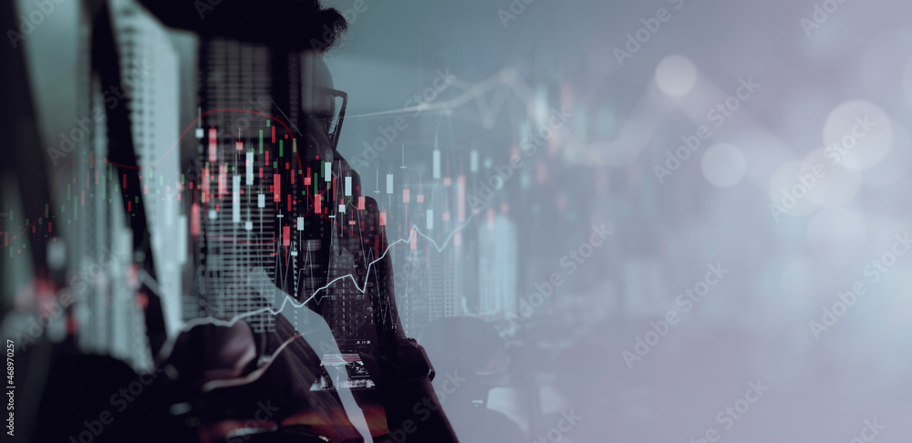 Wall mural double exposure of graph growth of financial and economic,businesswoman using smartphone chart of bu