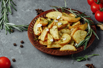 roasted rosemary garlic potato wedges on a plate