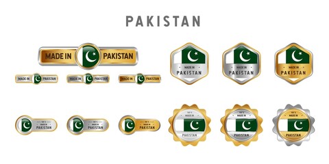 Made in Pakistan Label, Stamp, Badge, or Logo. With The National Flag of Pakistan. On platinum, gold, and silver colors. Premium and Luxury Emblem