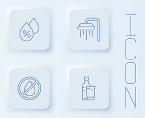 Set line Water drop percentage, Shower, forbidden and Bottle of water with glass. White square button. Vector