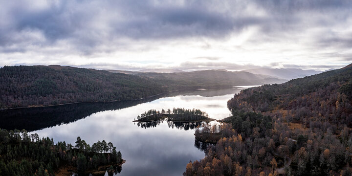 an aerial view of loch affric near glen affric in the north west highlands of scotland during an autumn afternoon