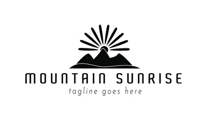 Mountain logo inspiration template. Mountain and sun logo design concept. sunrise and sunset logo label. Modern landscape branding label. Black and white adventure logotype. Outdoors brand identity. 