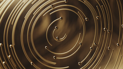 3d render Curly golden abstract in circle lines together with particles on blurred bokeh background