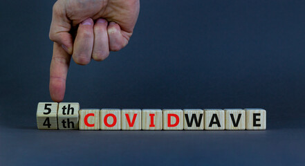Symbol for a fifth wave of the covid-19 corona virus. Doctors turns cubes and changes words 4th...