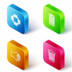 Fototapeta premium Set Isometric line Processor with CPU, Mobile Apps, Speaker volume and Trash can icon. Vector