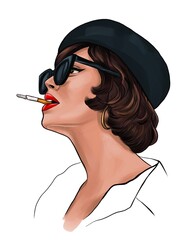 Girl with a cigarette. A woman with short brown hair in a beret and white shirt. French retro style. Portrait of a woman in profile. Illustration