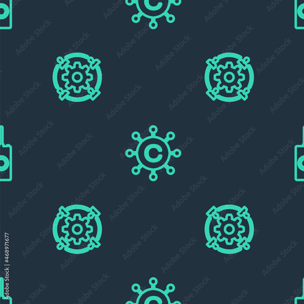 Poster set line copywriting network, outsourcing concept and remote control on seamless pattern. vector