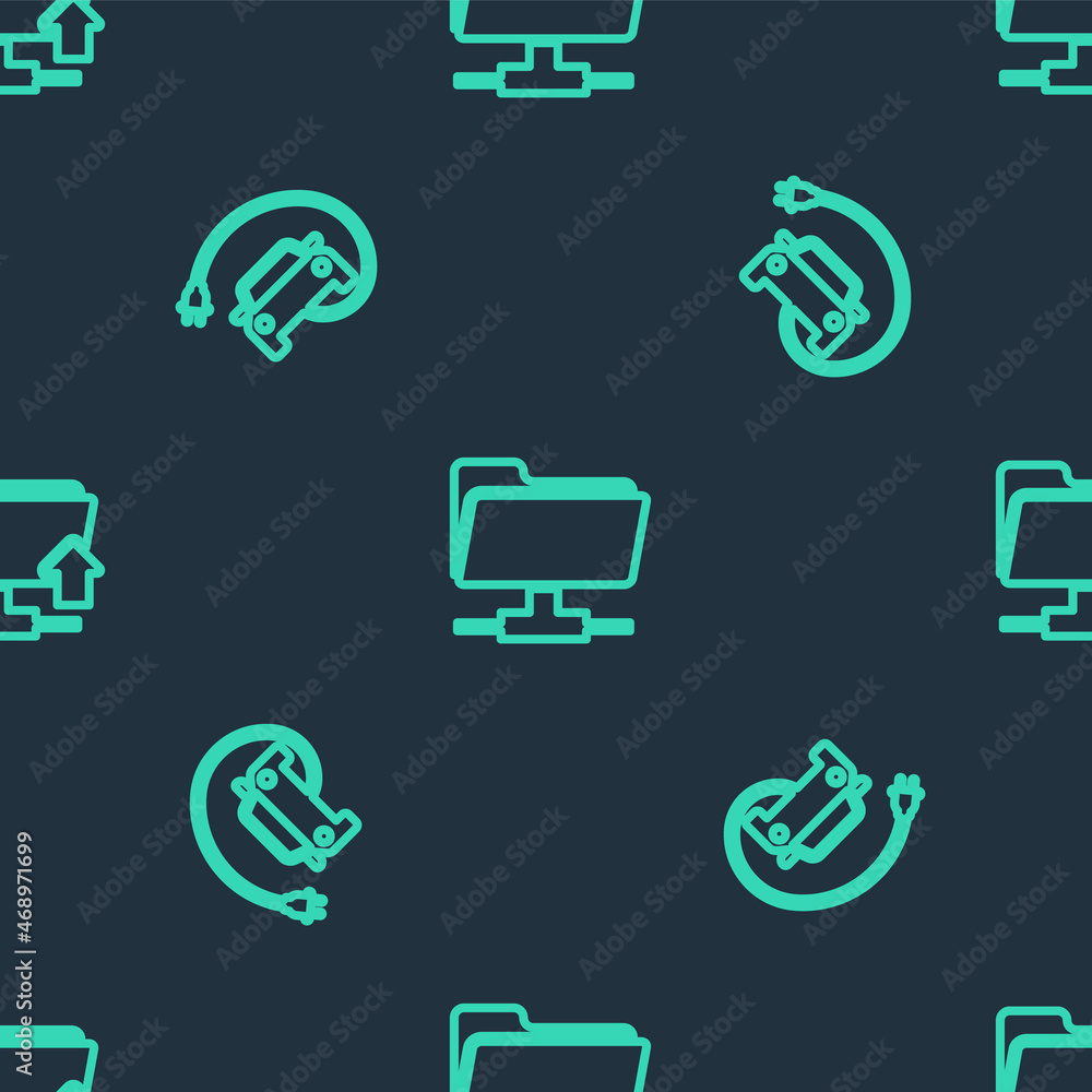 Poster set line ftp folder, electric car and upload on seamless pattern. vector
