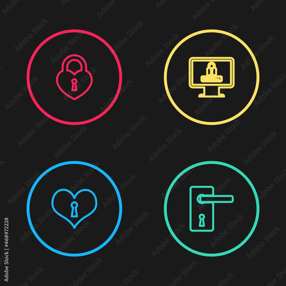 Poster set line heart with keyhole, door handle, monitor password and castle in the shape of heart icon. ve