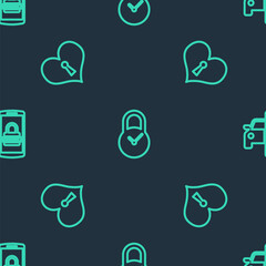 Set line Padlock with clock, Heart keyhole and Smart car security system on seamless pattern. Vector